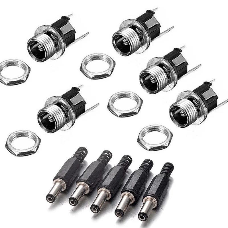 10PCS DC Power Connector pin 2.5x5.5mm Female Plug Jack + Male Plug Jack Socket Adapter PCB Mount DIY Adapter Connector 5.5x2.5