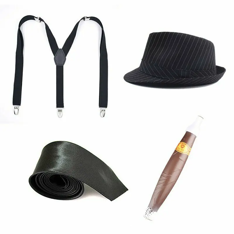 1920S Mens Great Gatsby Accessories Set Roaring 20s 30s Retro Gangster Costume tie hat