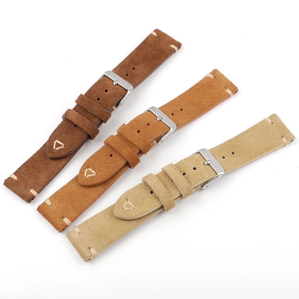 Suede Leather Watch Strap 18mm 19mm 20mm 21mm 22mm 24mm Grey Vintage Band Replacement Wristband Handmade Stitching Watchband