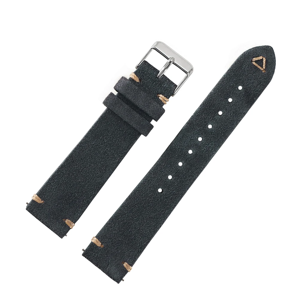 Suede Leather Watch Strap 18mm 19mm 20mm 21mm 22mm 24mm Grey Vintage Band Replacement Wristband Handmade Stitching Watchband