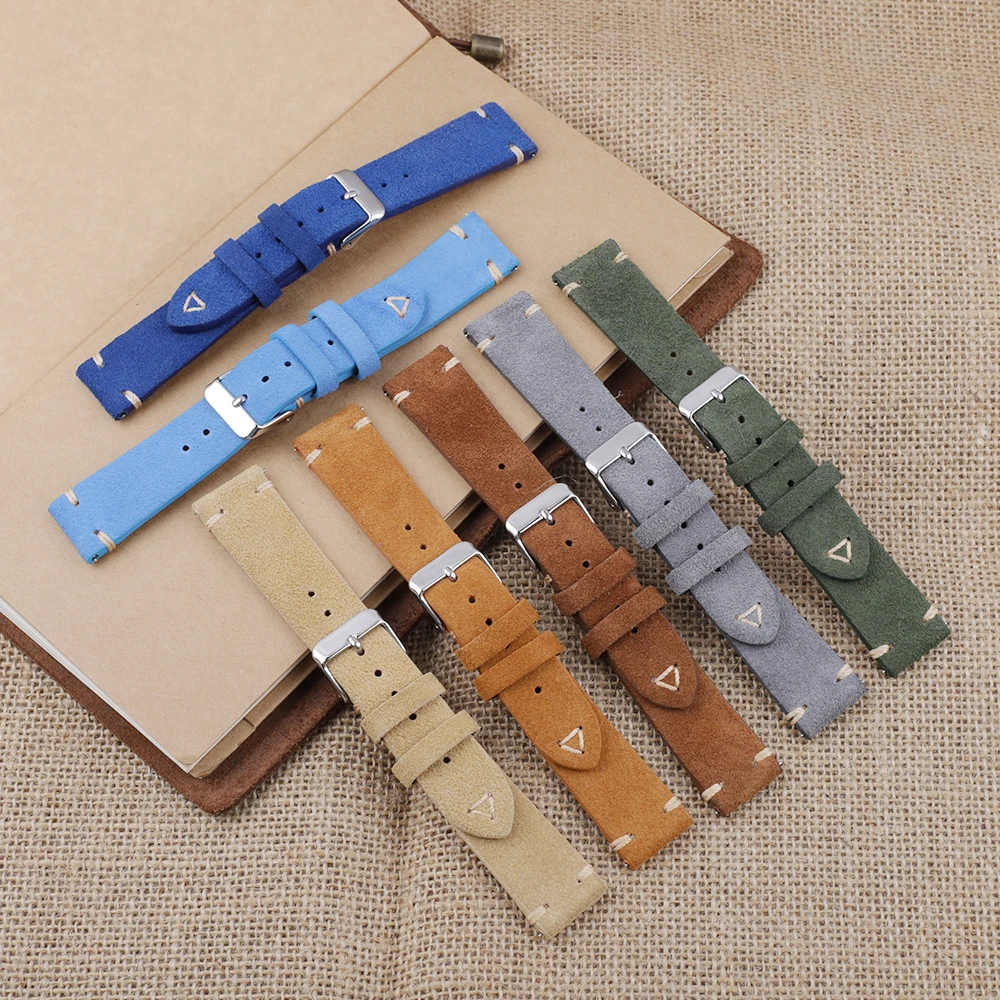 Suede Leather Watch Strap 18mm 19mm 20mm 21mm 22mm 24mm Grey Vintage Band Replacement Wristband Handmade Stitching Watchband