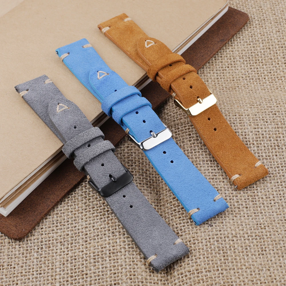 Suede Leather Watch Strap 18mm 19mm 20mm 21mm 22mm 24mm Grey Vintage Band Replacement Wristband Handmade Stitching Watchband