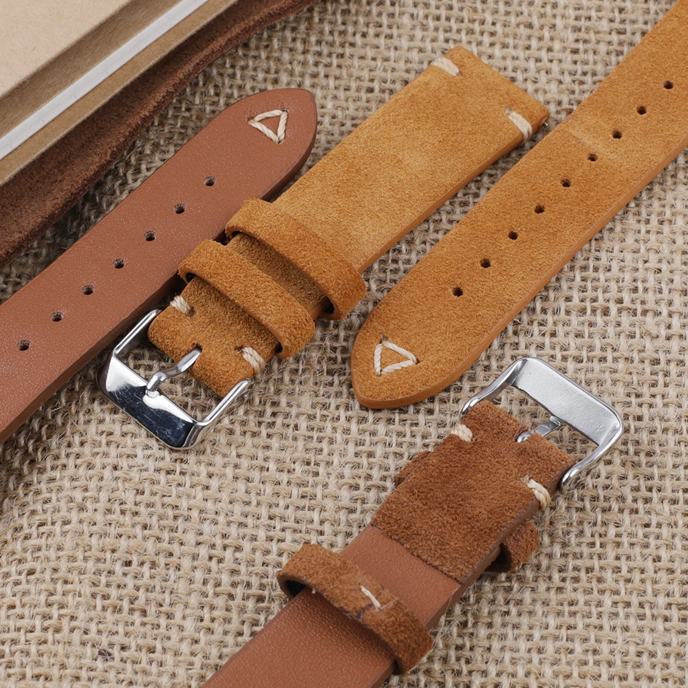 Suede Leather Watch Strap 18mm 19mm 20mm 21mm 22mm 24mm Grey Vintage Band Replacement Wristband Handmade Stitching Watchband