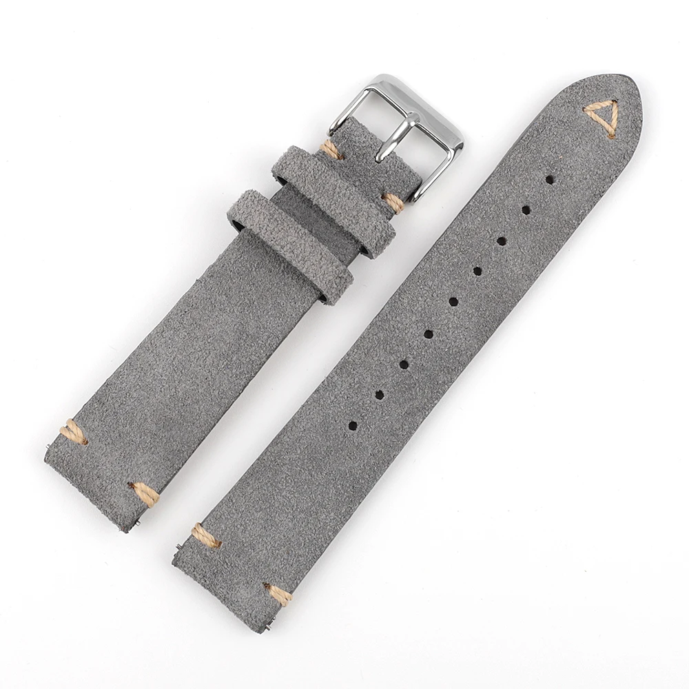 Suede Leather Watch Strap 18mm 19mm 20mm 21mm 22mm 24mm Grey Vintage Band Replacement Wristband Handmade Stitching Watchband