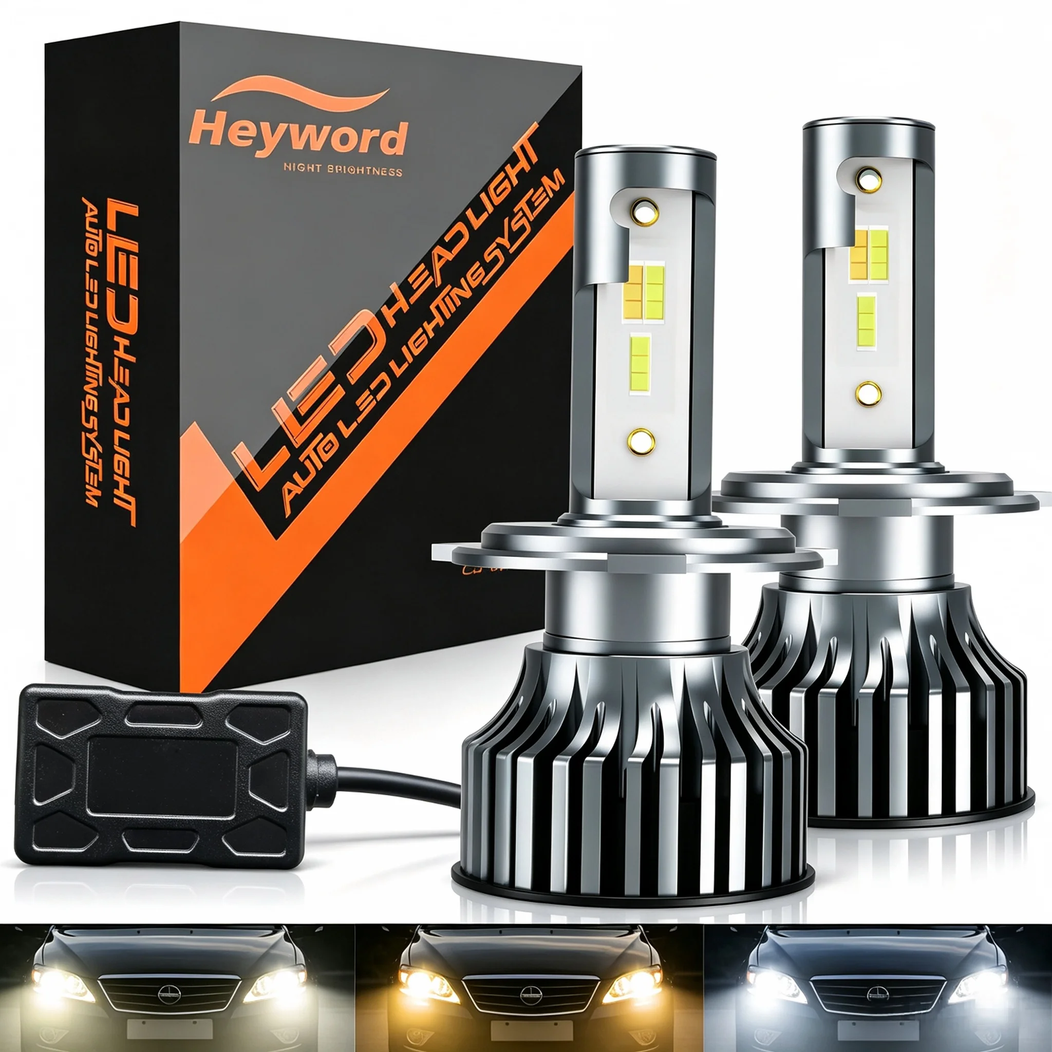 Heyword H4 LED H7 3 Color Changing Car Headlights Fog Lights 3000K 4500K 6500K Flash 80W Auto Lights 2 PCS H1 H3 H11 9005 H13