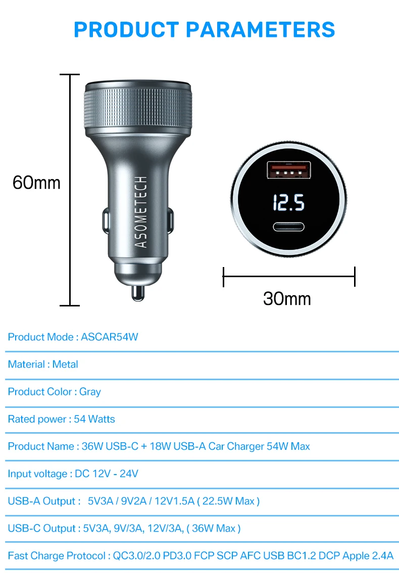 54W USB Car Charger Quick Charge 3.0 Fast Charging Type C QC PD3.0 Mobile Phone Charger Adapter For iPhone Xiaomi Samsung Huawei
