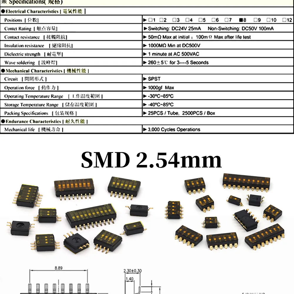 5-50PCS Slide Type Switch Module 1 2 3 4 5 8 10PIN /1.27/2.54mm Position Way DIP/SMD Pitch Toggle Switch Blue Snap Switch Dial