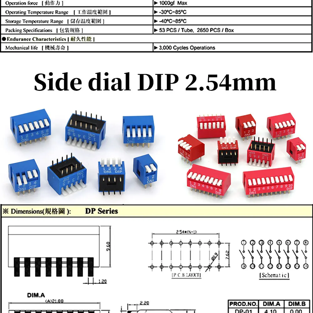 5-50PCS Slide Type Switch Module 1 2 3 4 5 8 10PIN /1.27/2.54mm Position Way DIP/SMD Pitch Toggle Switch Blue Snap Switch Dial