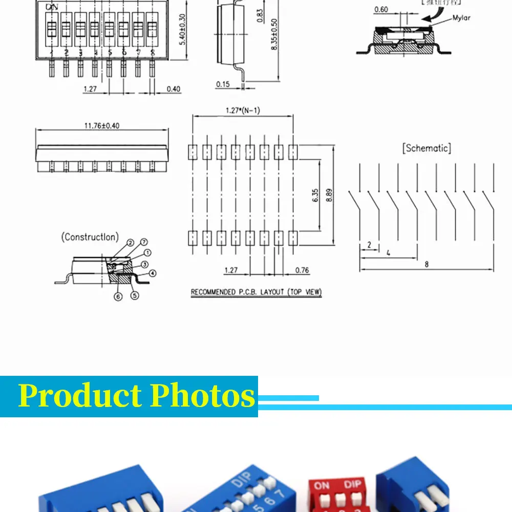 5-50PCS Slide Type Switch Module 1 2 3 4 5 8 10PIN /1.27/2.54mm Position Way DIP/SMD Pitch Toggle Switch Blue Snap Switch Dial