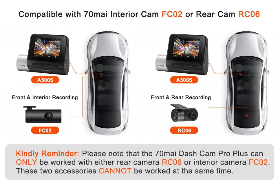 70mai A500S Recorder Car DVR Front Cam A500S 1944P Night Vision 70mai Dash Cam Pro Plus Built-in GPS Wifi Support Rear Cam