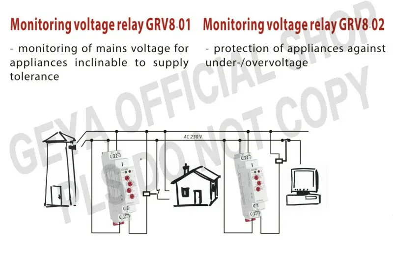 GEYA Over Voltage and Under Voltage Protection Relay DC12V 24V 48V 220V 10A Voltage Protector Relay GRV8-02
