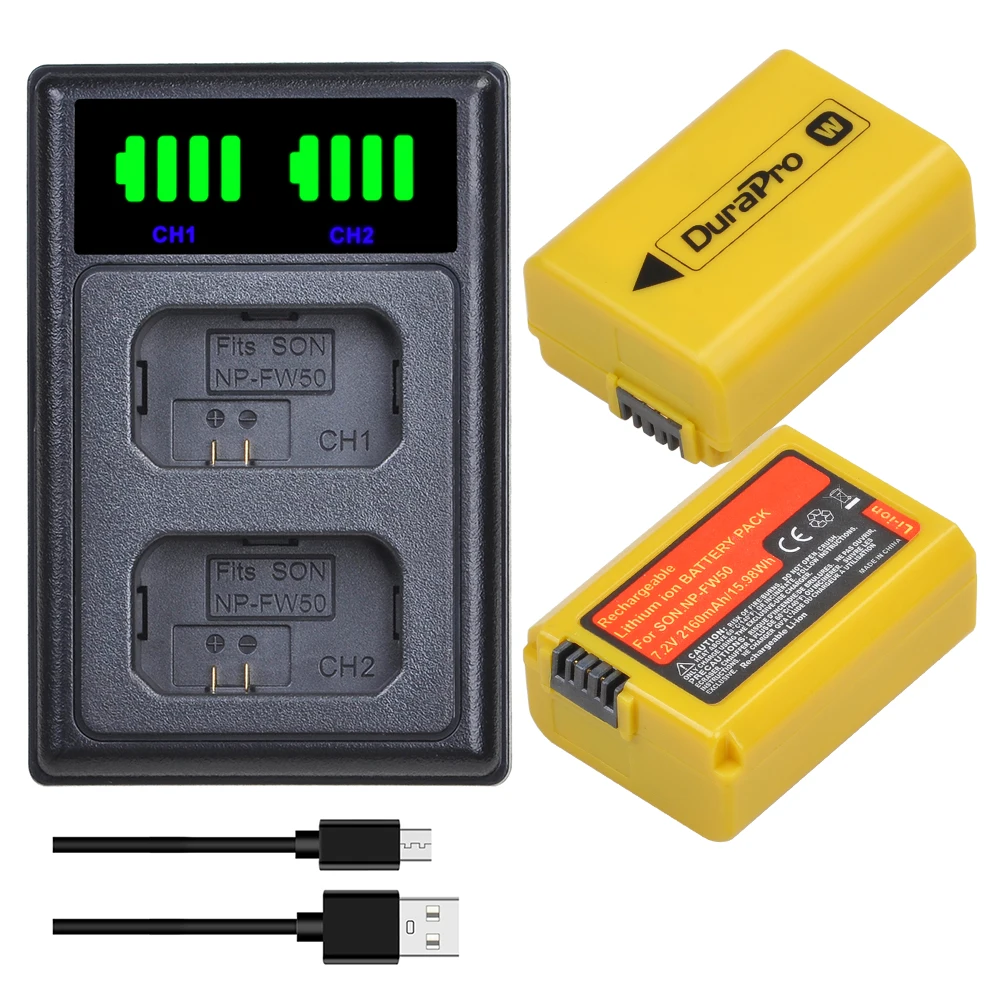 DuraPro 2160mah NP-FW50 NP FW50 Battery + USB Dual Charger for Sony A6000 A6400 A6300 A6500 A7 A7II A7RII A7SII A7S A7S2 A7R