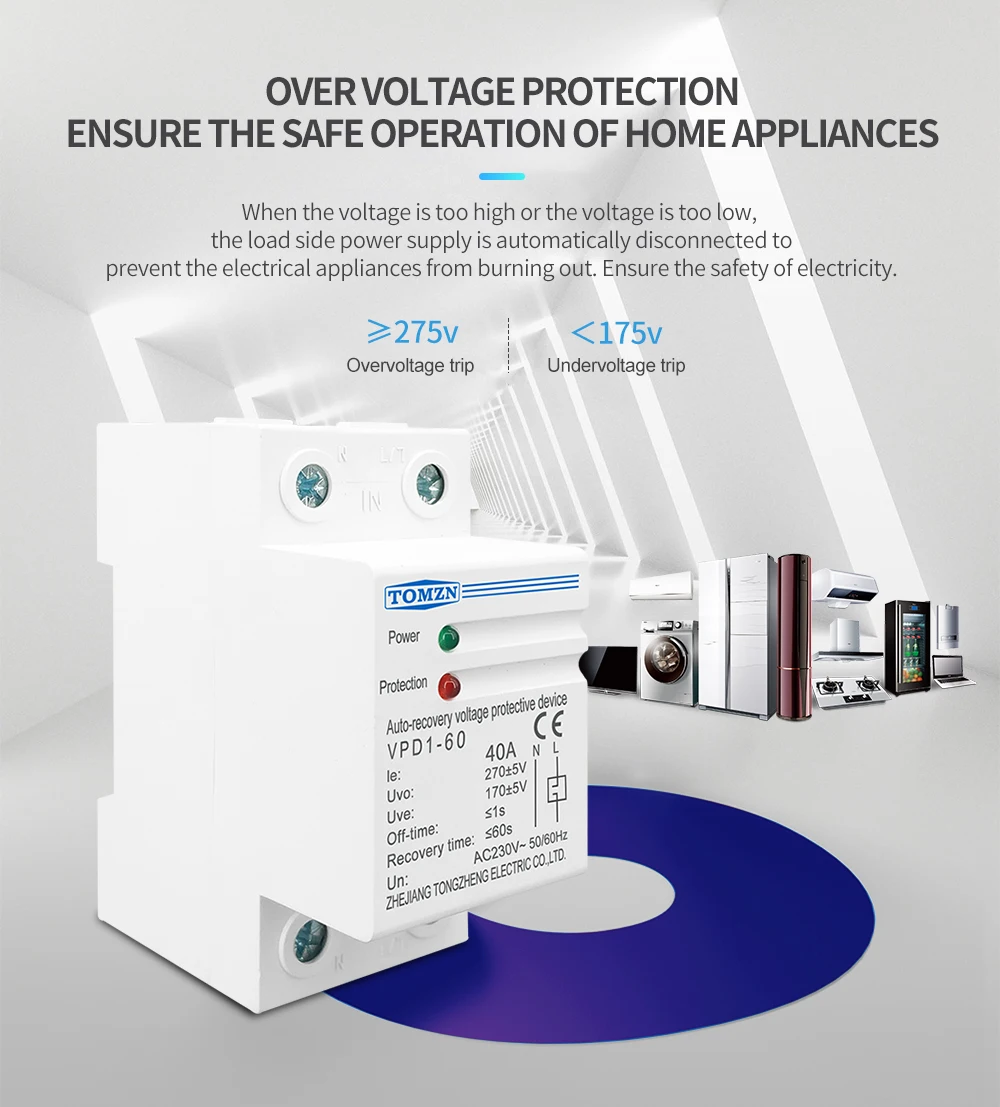 TOMZN 1 PCS 40A 230V DIN Rail Automatic Recovery Reconnect Over Voltage And Under Voltage Protective Device Protection Relay