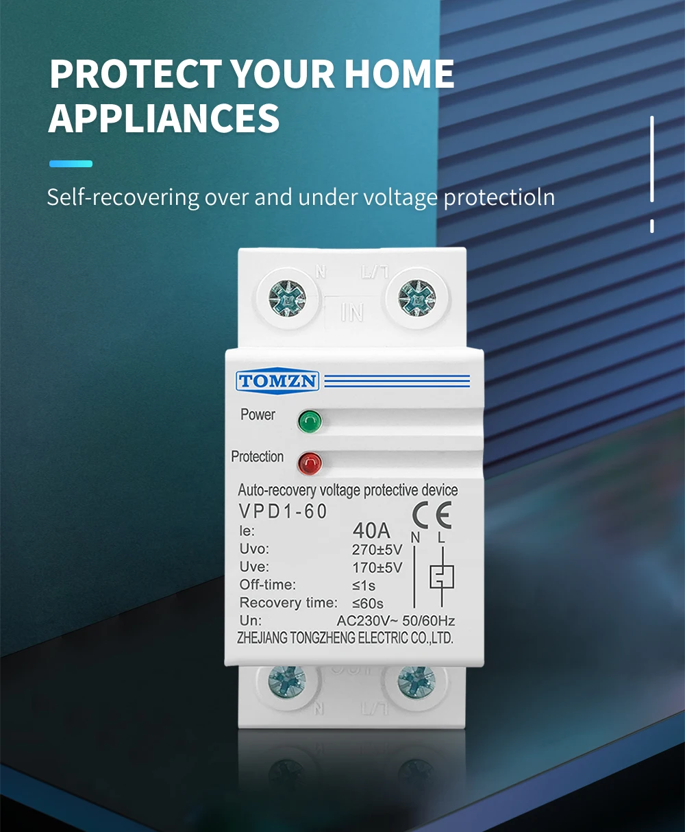 TOMZN 1 PCS 40A 230V DIN Rail Automatic Recovery Reconnect Over Voltage And Under Voltage Protective Device Protection Relay