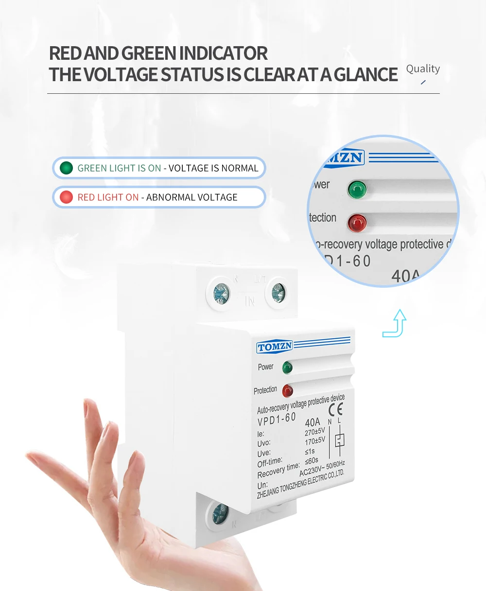TOMZN 1 PCS 40A 230V DIN Rail Automatic Recovery Reconnect Over Voltage And Under Voltage Protective Device Protection Relay