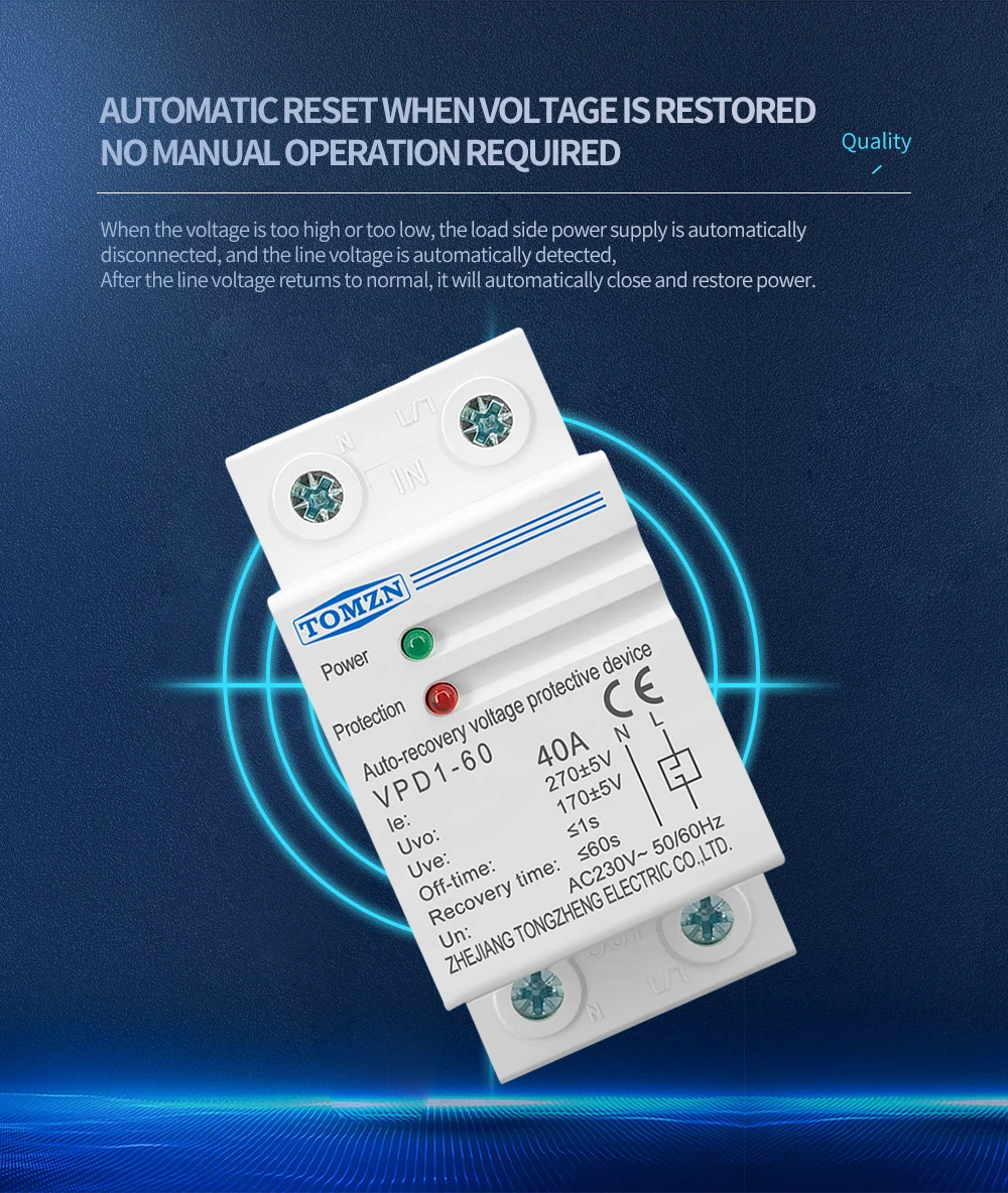 TOMZN 1 PCS 40A 230V DIN Rail Automatic Recovery Reconnect Over Voltage And Under Voltage Protective Device Protection Relay