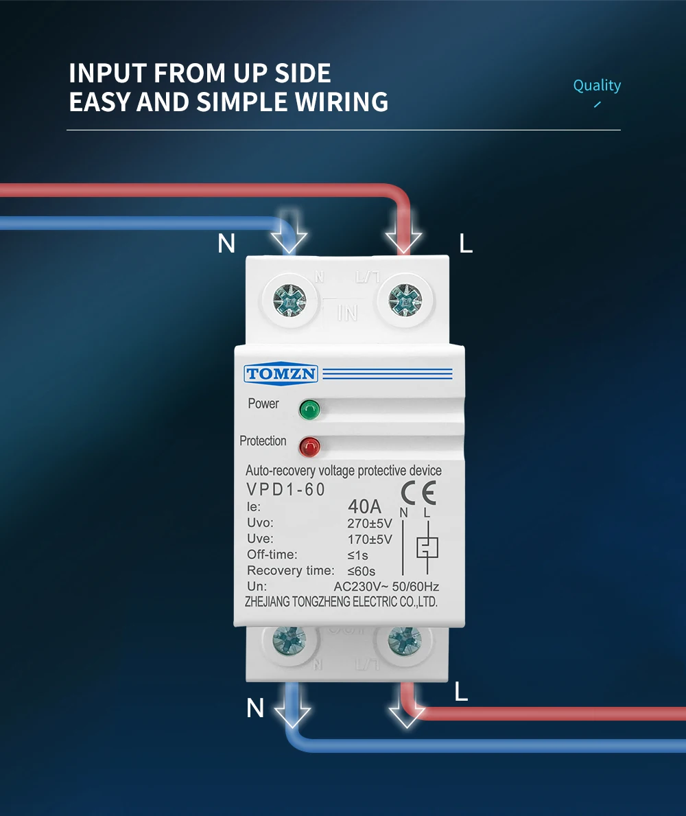 TOMZN 1 PCS 40A 230V DIN Rail Automatic Recovery Reconnect Over Voltage And Under Voltage Protective Device Protection Relay