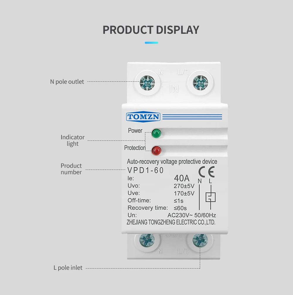 TOMZN 1 PCS 40A 230V DIN Rail Automatic Recovery Reconnect Over Voltage And Under Voltage Protective Device Protection Relay
