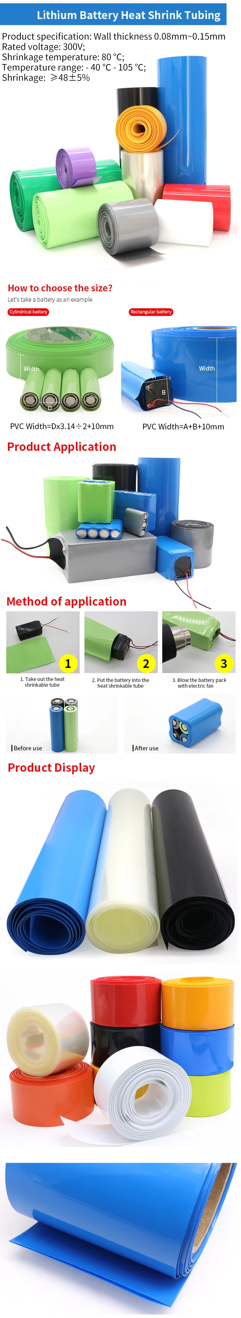 18650 Lipo Battery PVC Heat Shrink Tube Pack 85mm ~ 280mm Width Insulated Film Wrap Lithium Case Cable Sleeve Blue