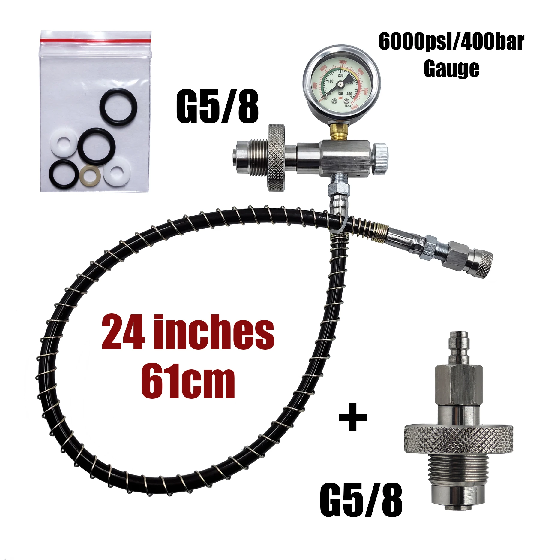 HPA DIN300 Cylinder Decanting / Equalising Fill Station with Pressure Hose and Pressure Gauge, 232bar or 300Bar, Gas Transfer