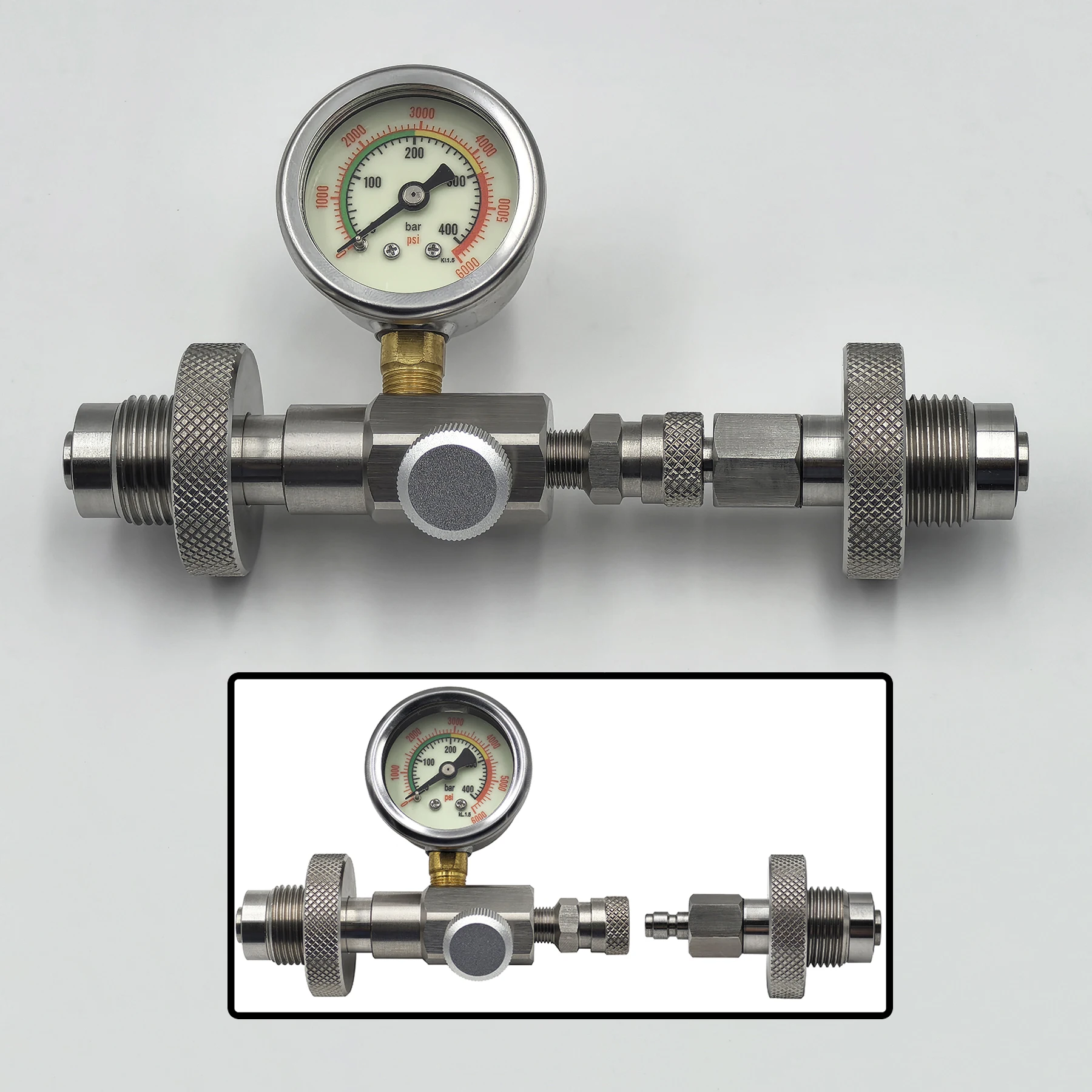 HPA DIN300 Cylinder Decanting / Equalising Fill Station with Pressure Hose and Pressure Gauge, 232bar or 300Bar, Gas Transfer