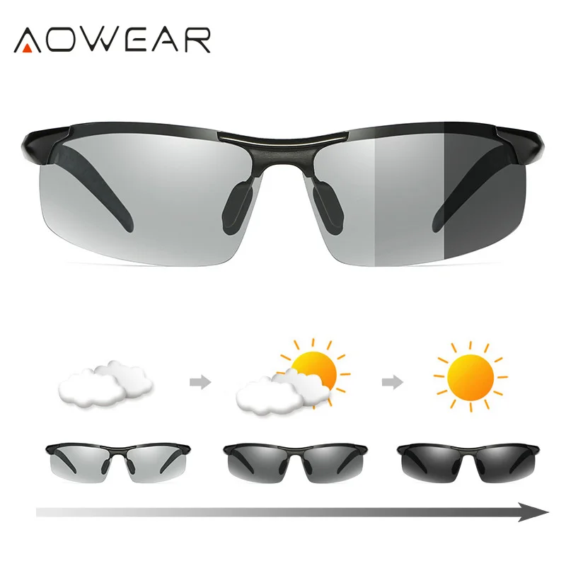 AOWEAR Mens Photochromic Sunglasses Men Polarized Day Night Driving Chameleon Glasses Aluminium Magnesium Sports Style Sunglass