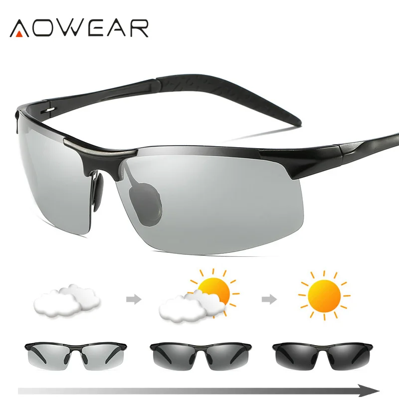 AOWEAR Mens Photochromic Sunglasses Men Polarized Day Night Driving Chameleon Glasses Aluminium Magnesium Sports Style Sunglass