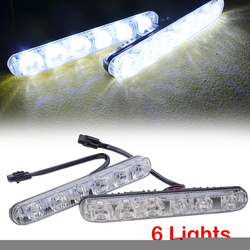High Quality 2PCS Car DRL Assembly Daytime Running Lights Fog Lamp 6LED Cold White 12V 10000k High/Low Beam Aluminium Housing