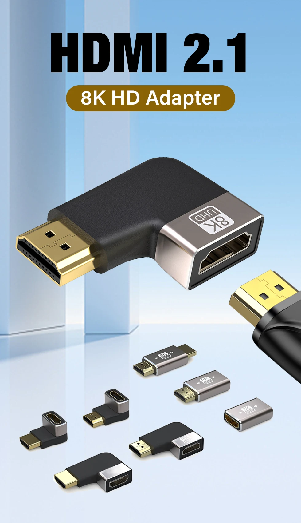 8K HDMI 2.1 Cable Adapter 90 Degree Right Angle Male to Female Connector 4K 8K HDMI Extender for TV Stick PS4 PS5 Xbox PC Laptop