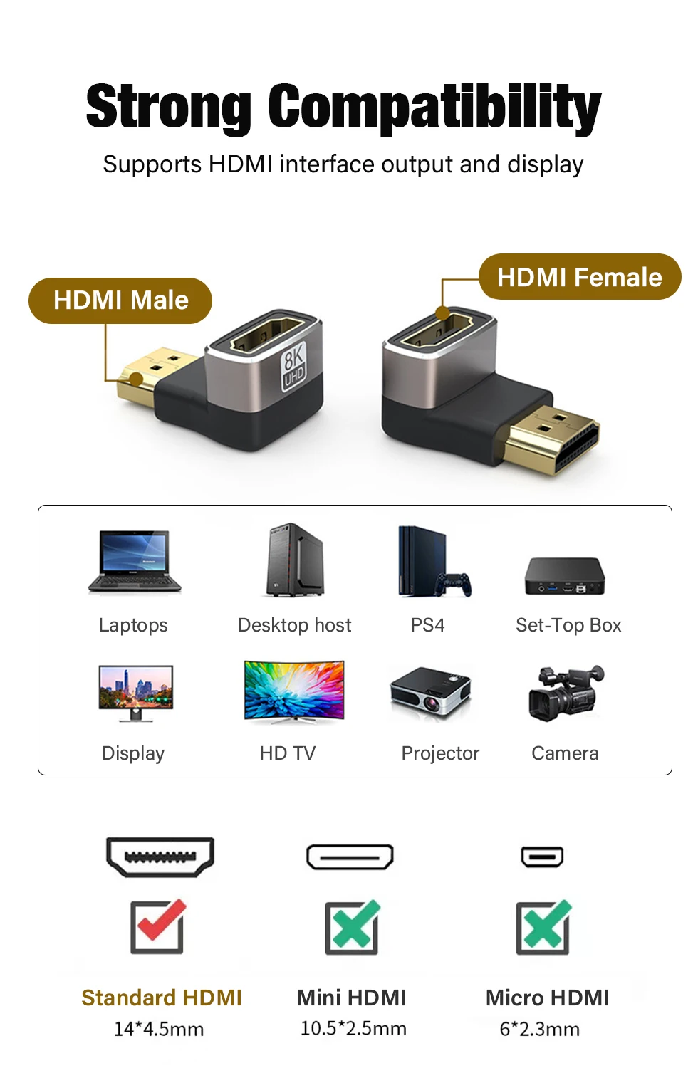 8K HDMI 2.1 Cable Adapter 90 Degree Right Angle Male to Female Connector 4K 8K HDMI Extender for TV Stick PS4 PS5 Xbox PC Laptop