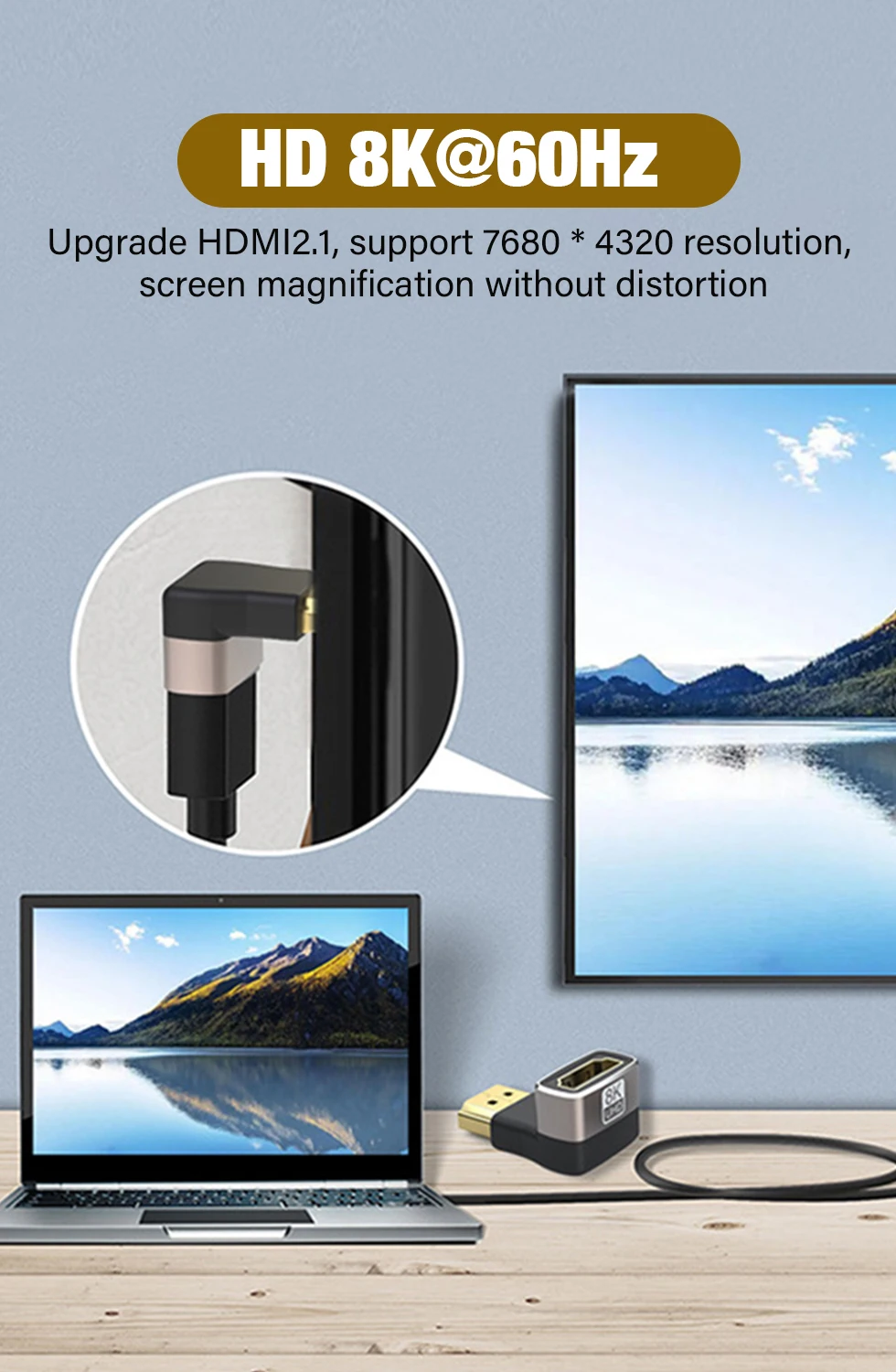 8K HDMI 2.1 Cable Adapter 90 Degree Right Angle Male to Female Connector 4K 8K HDMI Extender for TV Stick PS4 PS5 Xbox PC Laptop