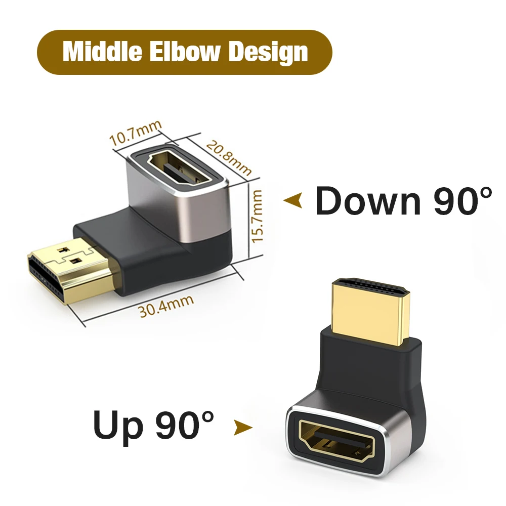 8K HDMI 2.1 Cable Adapter 90 Degree Right Angle Male to Female Connector 4K 8K HDMI Extender for TV Stick PS4 PS5 Xbox PC Laptop