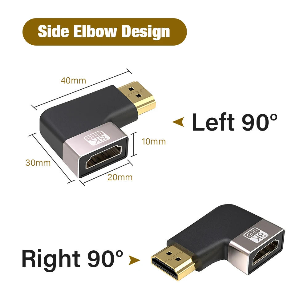 8K HDMI 2.1 Cable Adapter 90 Degree Right Angle Male to Female Connector 4K 8K HDMI Extender for TV Stick PS4 PS5 Xbox PC Laptop