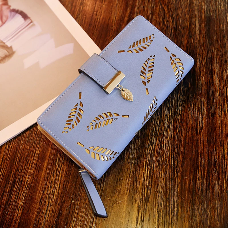 Ladies Fashion Wallet PU Leather Phone Purse Female Hollow Leaves Pouch Clutch Handbag For Women Coin Card Holders Long Wallets