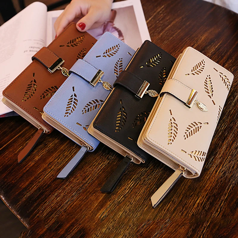Ladies Fashion Wallet PU Leather Phone Purse Female Hollow Leaves Pouch Clutch Handbag For Women Coin Card Holders Long Wallets
