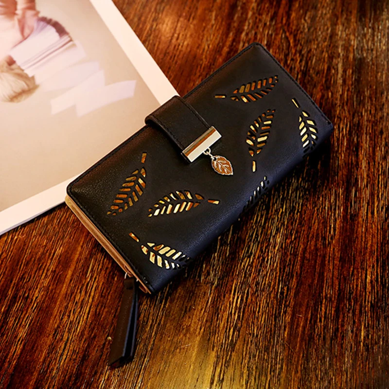 Ladies Fashion Wallet PU Leather Phone Purse Female Hollow Leaves Pouch Clutch Handbag For Women Coin Card Holders Long Wallets