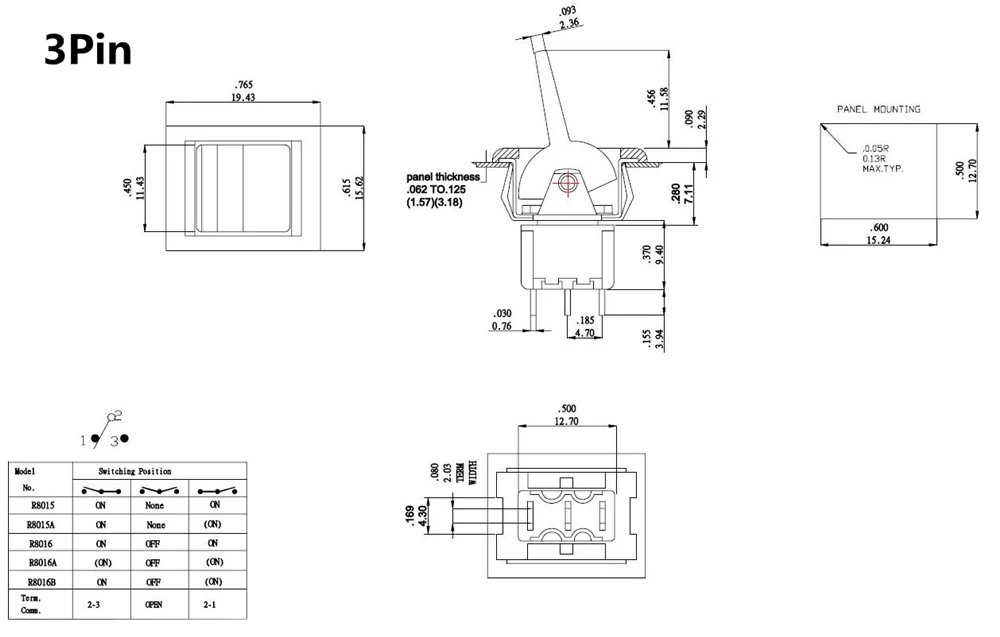 Salecom T80-R Series Square Snap-in Panel Mount Mini Paddle Toggle Switch 5A/125VAC