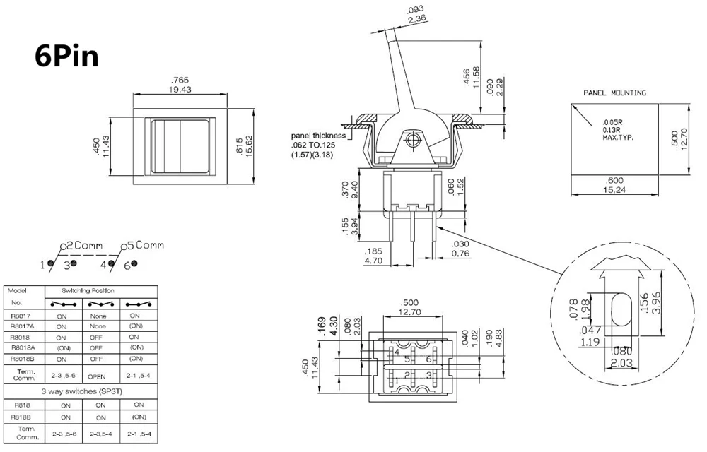 Salecom T80-R Series Square Snap-in Panel Mount Mini Paddle Toggle Switch 5A/125VAC