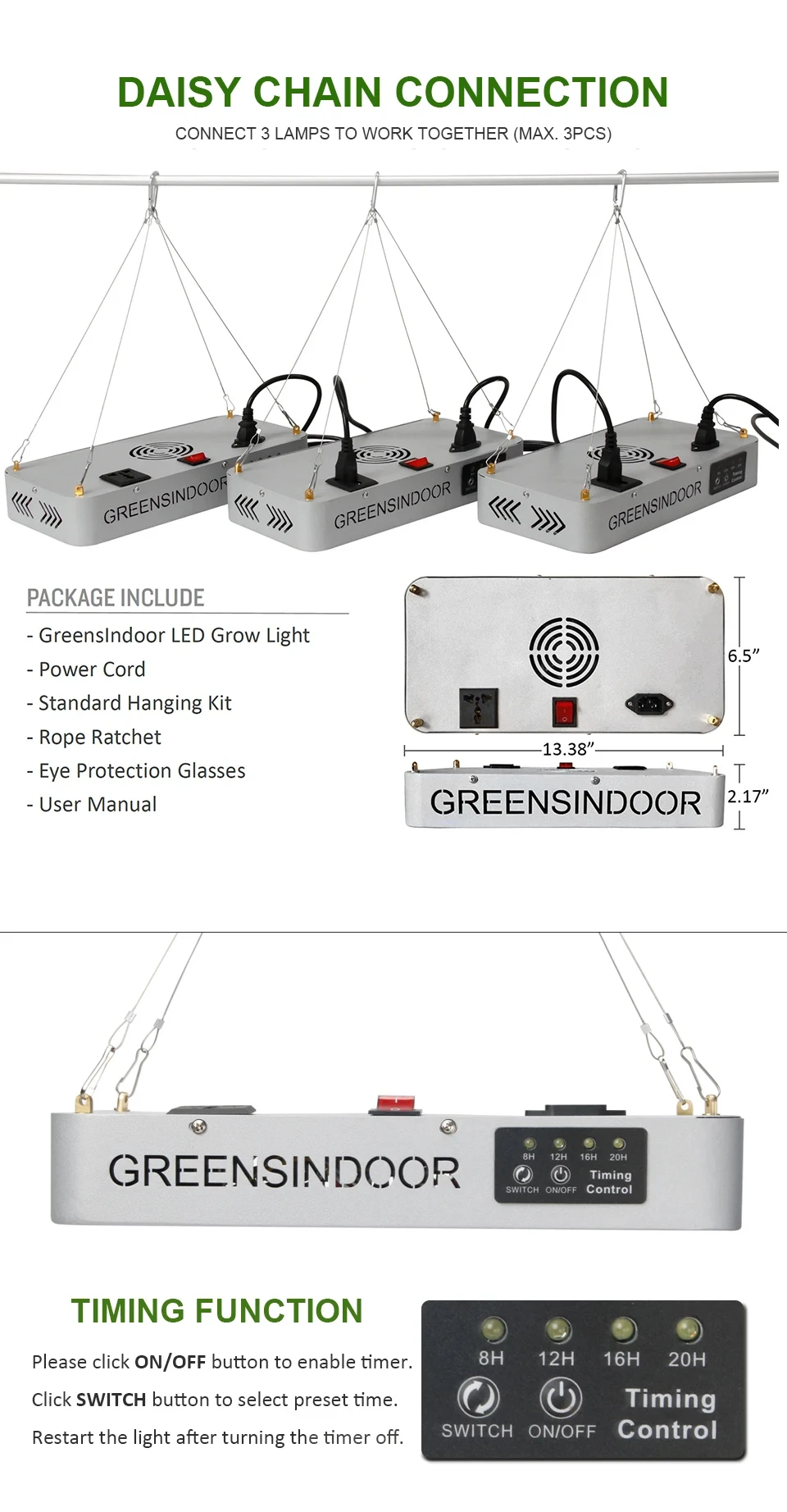 SEAMETAL 3000W LED Grow Light Full Spectrum Indoor Plants Growing Light Tent 8h/12h/16h/20h Timer Auto On/Off Phyto Growth Lamp