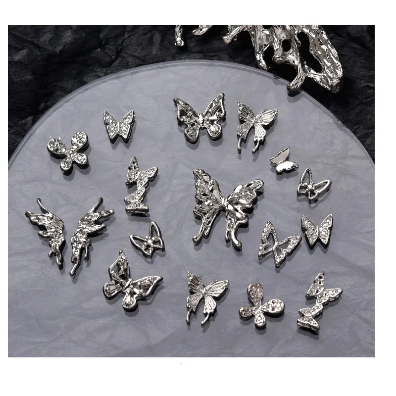 50pcs Retro Silver Alloy Bow Nail Charms Luxury Ribbon Butterfly Wings Y2K Metal Nail Art Rhinestones Decor Manicure Accessories