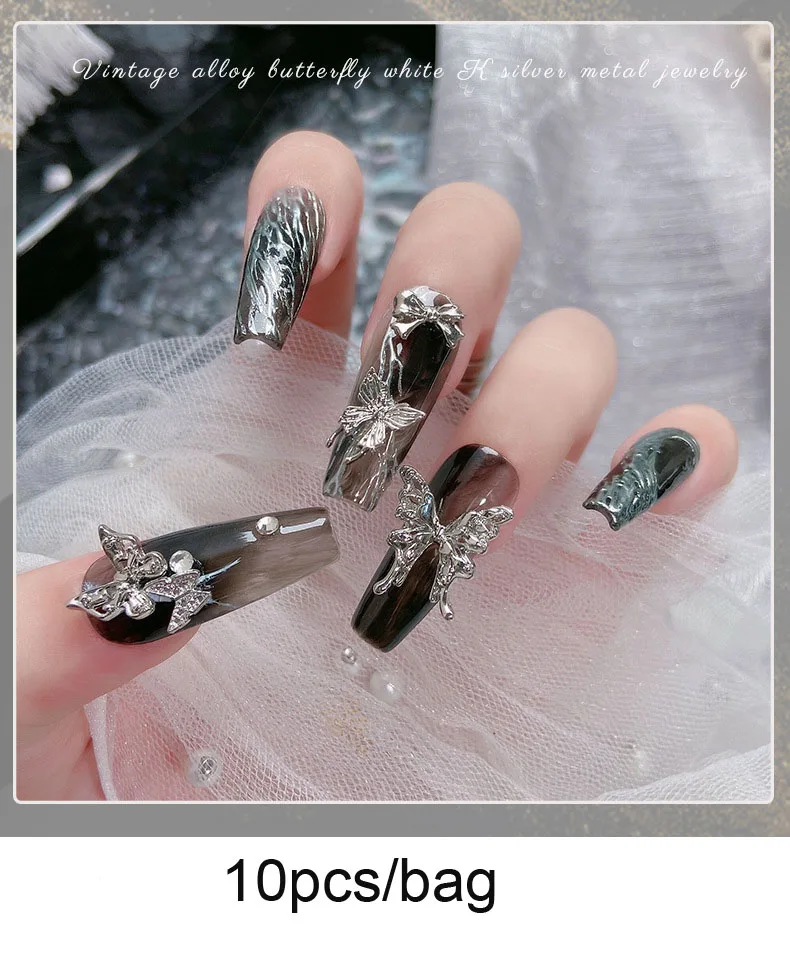 50pcs Retro Silver Alloy Bow Nail Charms Luxury Ribbon Butterfly Wings Y2K Metal Nail Art Rhinestones Decor Manicure Accessories