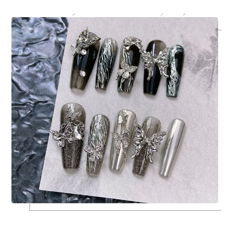 50pcs Retro Silver Alloy Bow Nail Charms Luxury Ribbon Butterfly Wings Y2K Metal Nail Art Rhinestones Decor Manicure Accessories