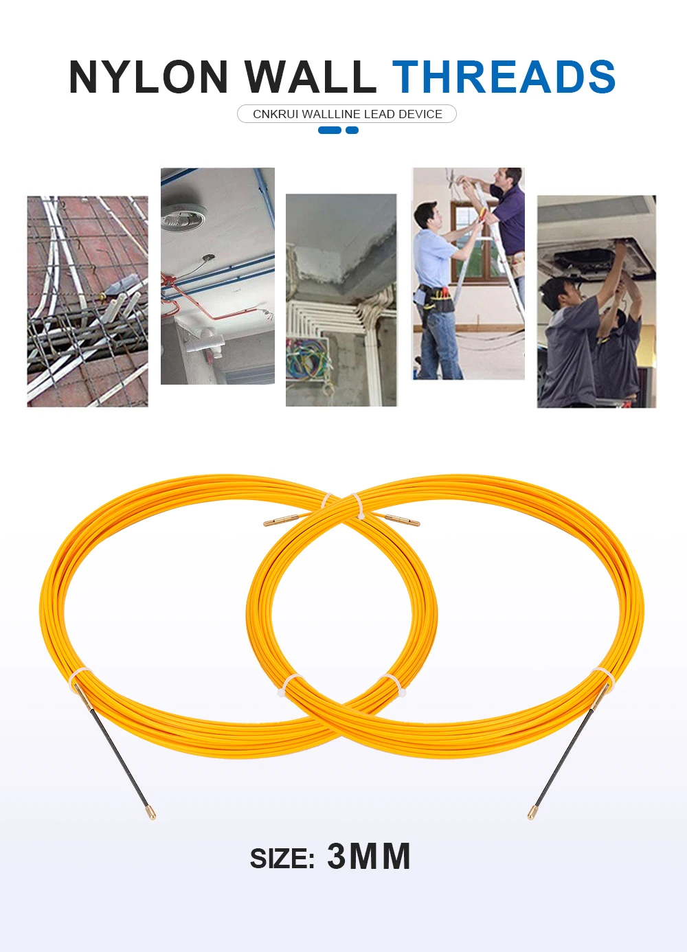 3mm 5-50M Fiberglass Fish Tape Cable Puller Electrician Wire Threading Aid Tool Conduit Through Wall Electrical Cable Guide