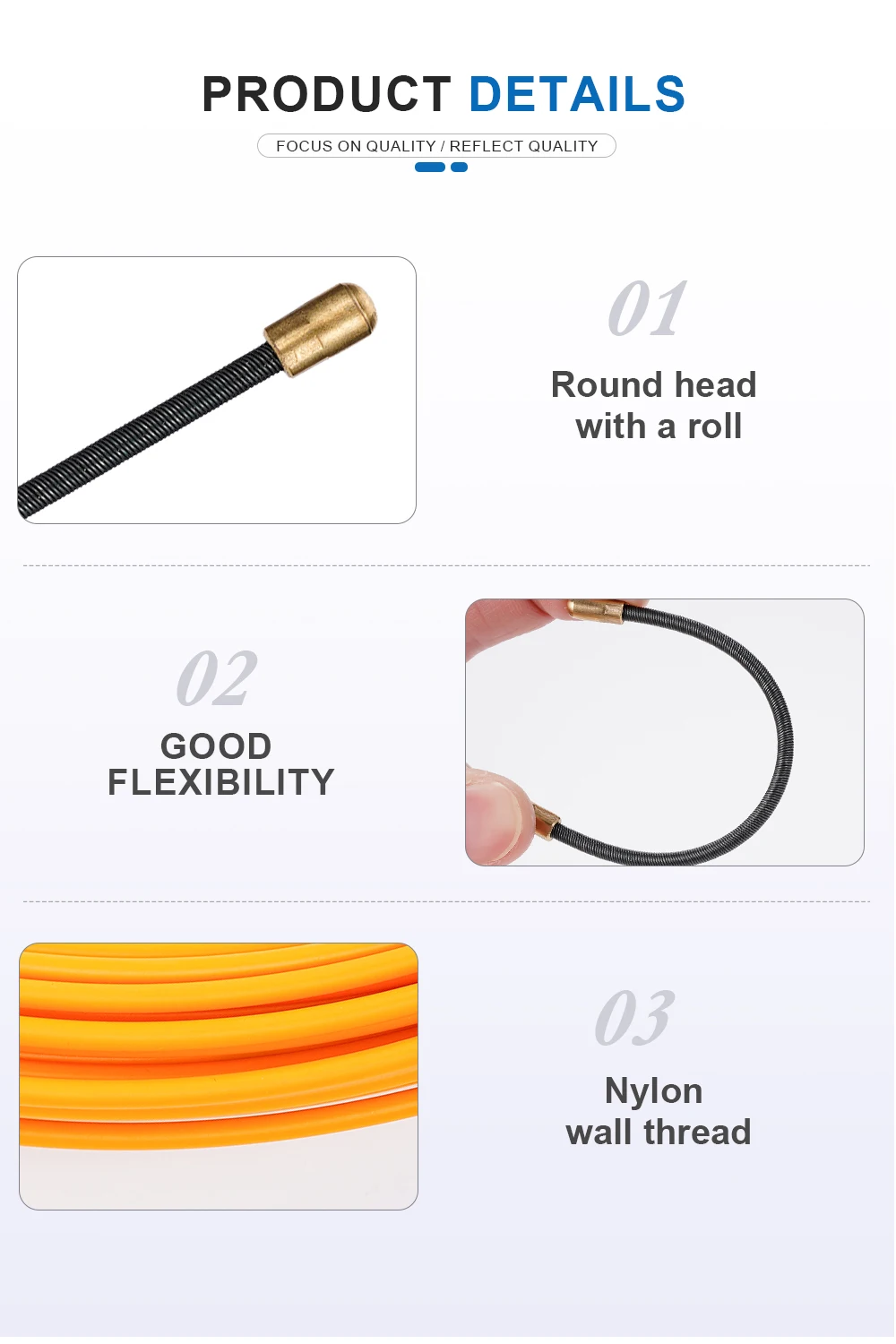 3mm 5-50M Fiberglass Fish Tape Cable Puller Electrician Wire Threading Aid Tool Conduit Through Wall Electrical Cable Guide