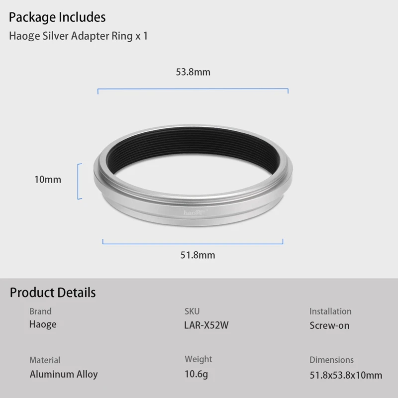Haoge Lens Filter Adapter Ring for Fujifilm X100VI X100V 49mm UV CPL ND AR-X100 Silver