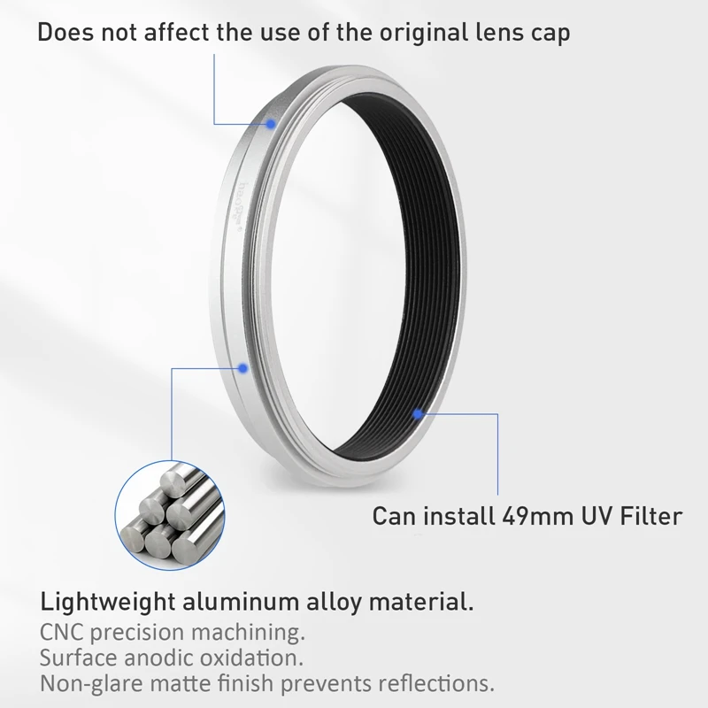 Haoge Lens Filter Adapter Ring for Fujifilm X100VI X100V 49mm UV CPL ND AR-X100 Silver