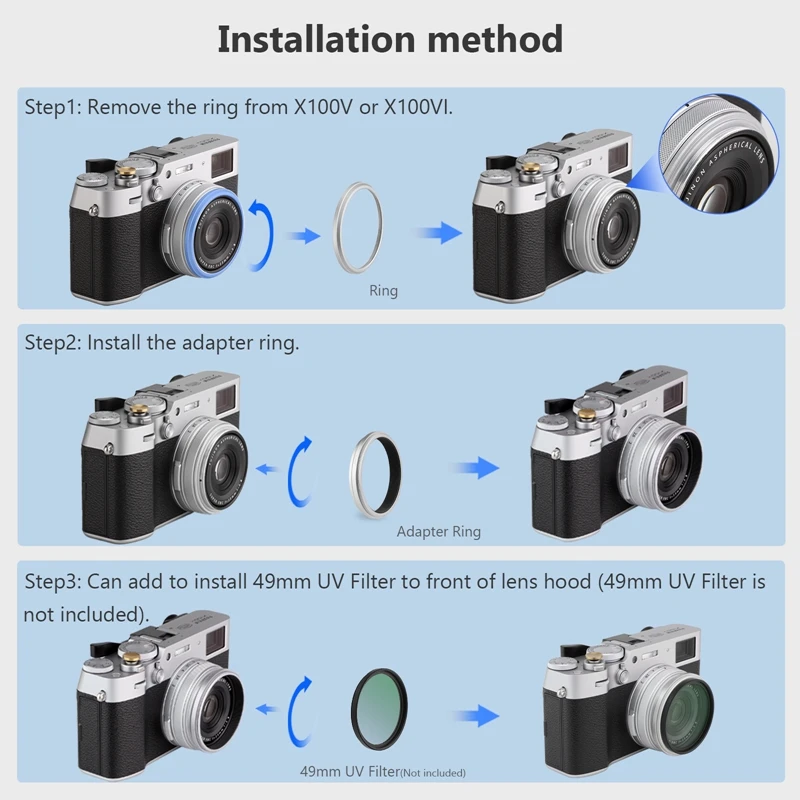 Haoge Lens Filter Adapter Ring for Fujifilm X100VI X100V 49mm UV CPL ND AR-X100 Silver