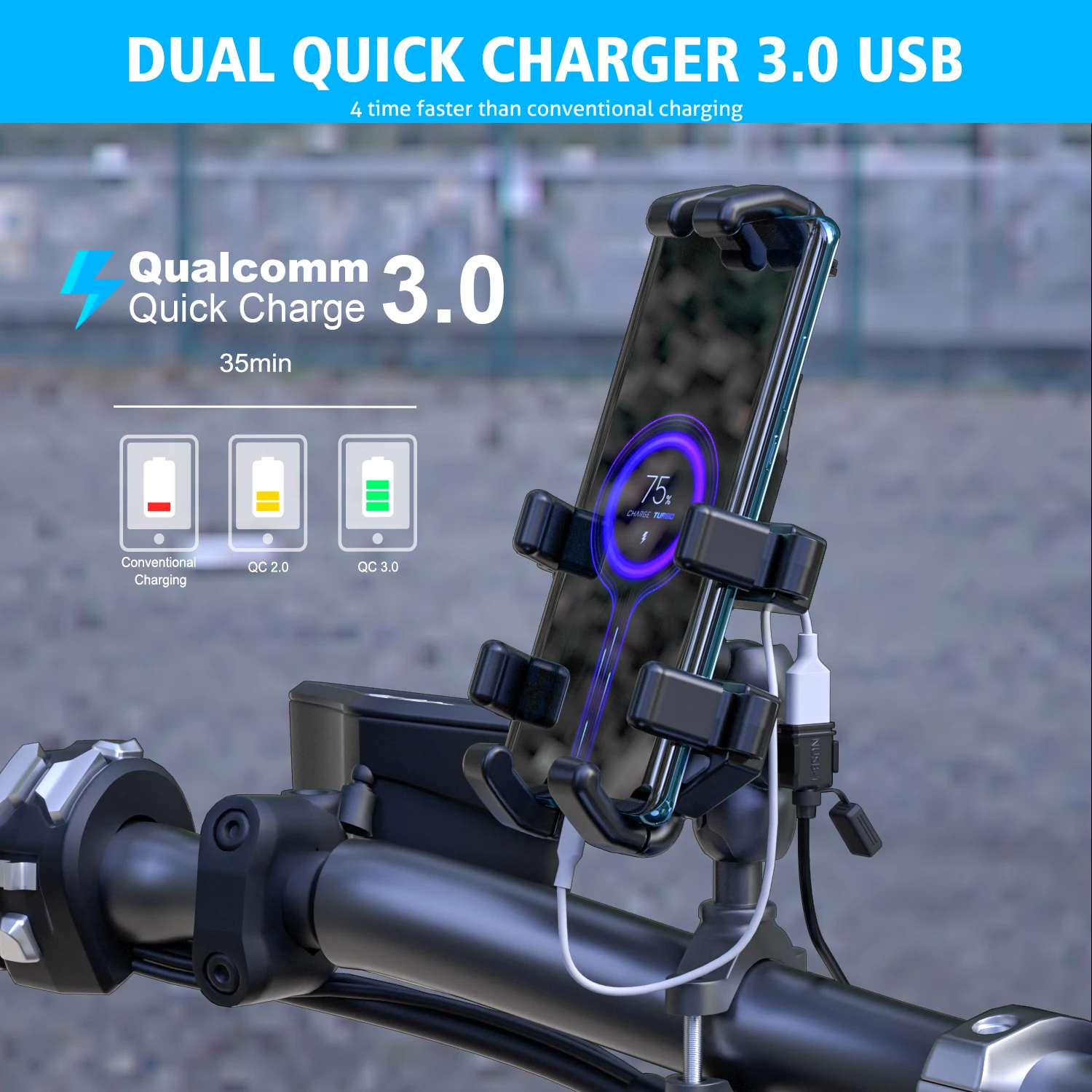 Waterproof Motorcycle 18W Single USB Fast Charger SAE To USB Charger 12-24V QC3.0 Quick Charge 3.0 Built-in Smart Chip