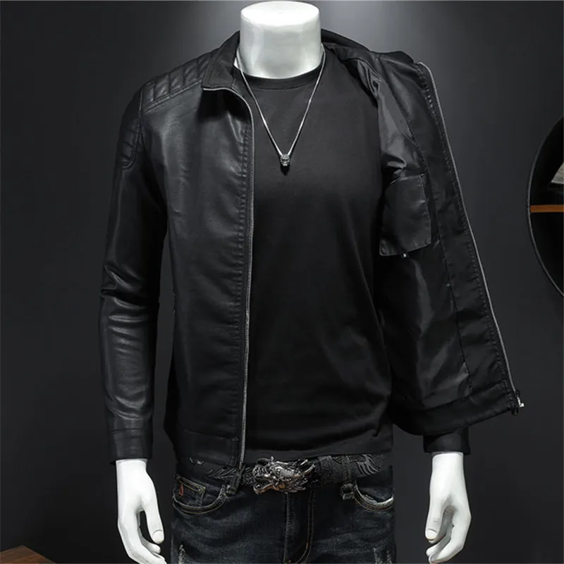 Men's Leather Clothing Fashion Slim Fit Zipper Leather Jacket Solid Casual Jacket Moto Biker Leather Coat Men Motorcycle Jacket