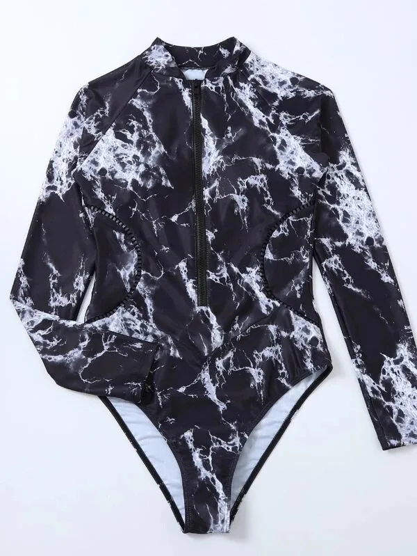 Summer Print Zipper One Piece Swimsuit Closed Long Sleeve Swimwear Sports Surfing Women's Swimming Bathing Suit Beach Bather
